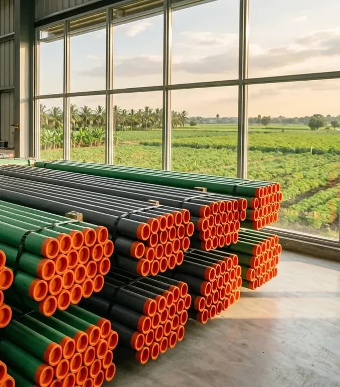 Irrigation pipes stacked beside a window looking out on green crop fields